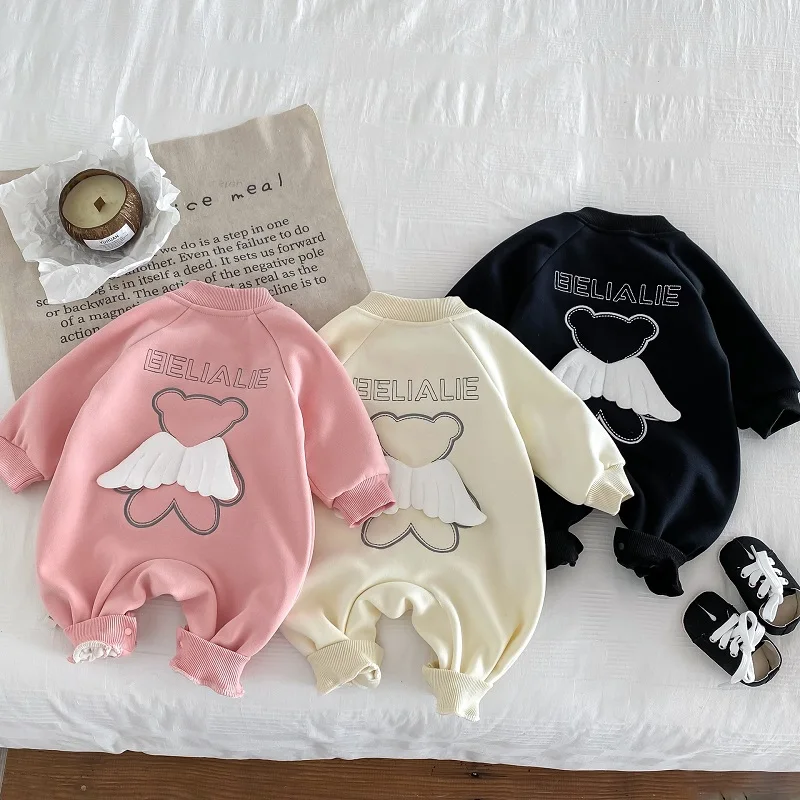

2023 Winter Baby Wings Romper 0-2Years Newborn Boy Girl Long Sleeve Zipper Fleece Jumpsuit Warm Outerwear Clothes