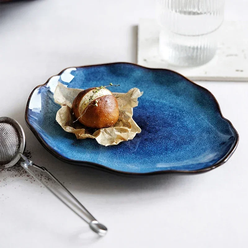 Ceramic Salad Plate Supplies Kitchen Lrregular Food Dish European Blue Dinner Plates Glaze Pottery Household Tableware