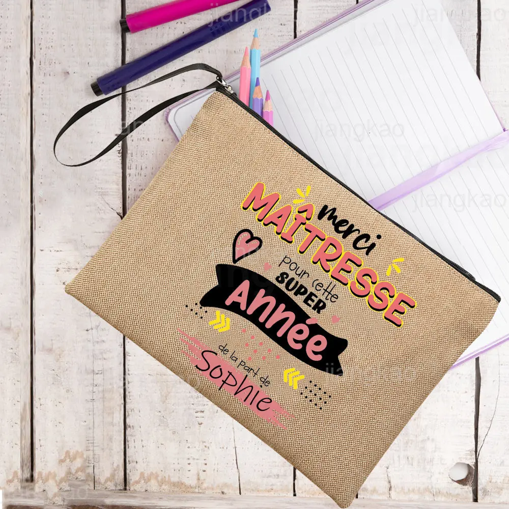 

Personalized French Print Makeup Bag Travel Neceser Toiletry Organizer Custom Student Name Linen Zipper Bags Gifts for Teacher