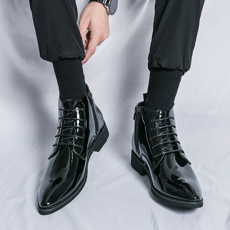 Luxury Chelsea Boots Men's Shiny Leather Shoes Pointed High Top Shoes Men's Banquet Dress Shoes High-end Purple Red Short Boots
