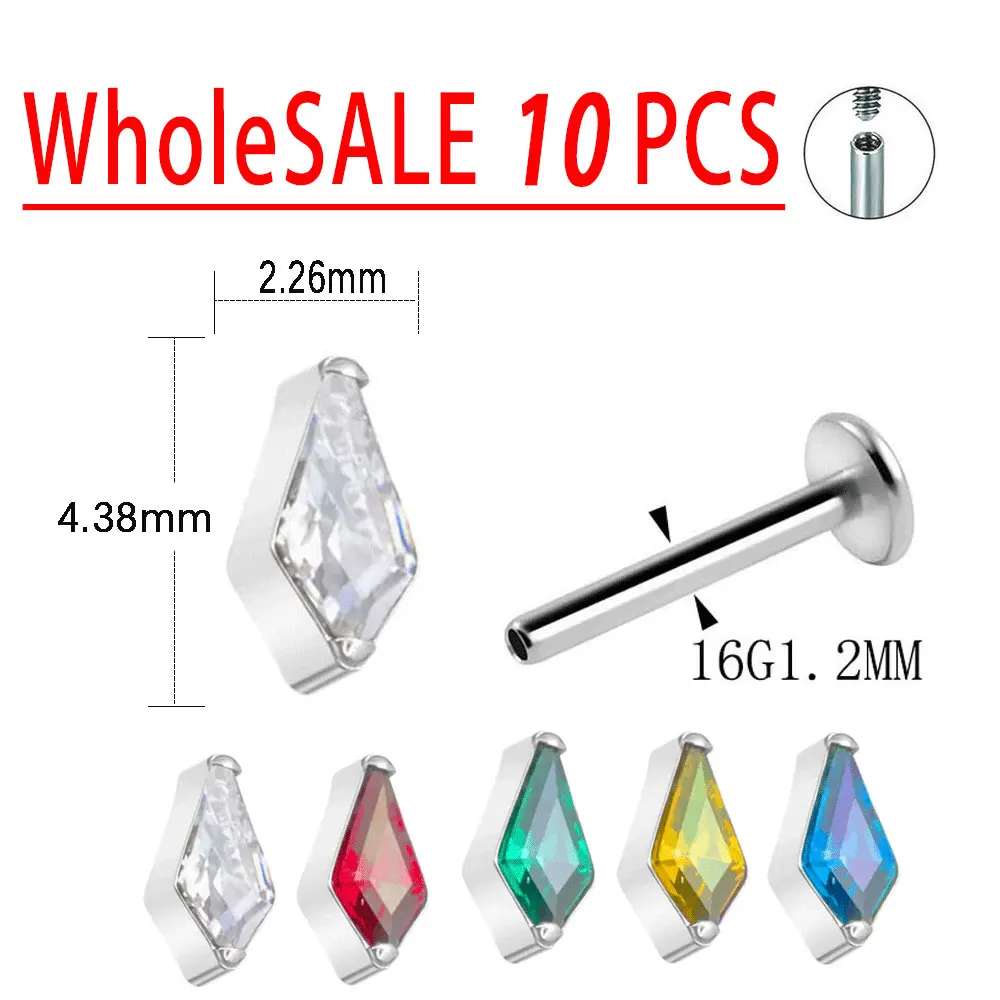 10PCS ASTM F136 Titanium Ear Stud CZ Stone Fashion Labret Lip Piercing Nose Rings Sexy Ear Cartilage Tragus Jewelry Wholesale