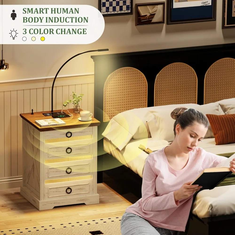 LED Nightstand with Gun Drawer & Reading Light, LED Bedside Table with Charging Station & Human Sensor LED Lights, Nightstands 6