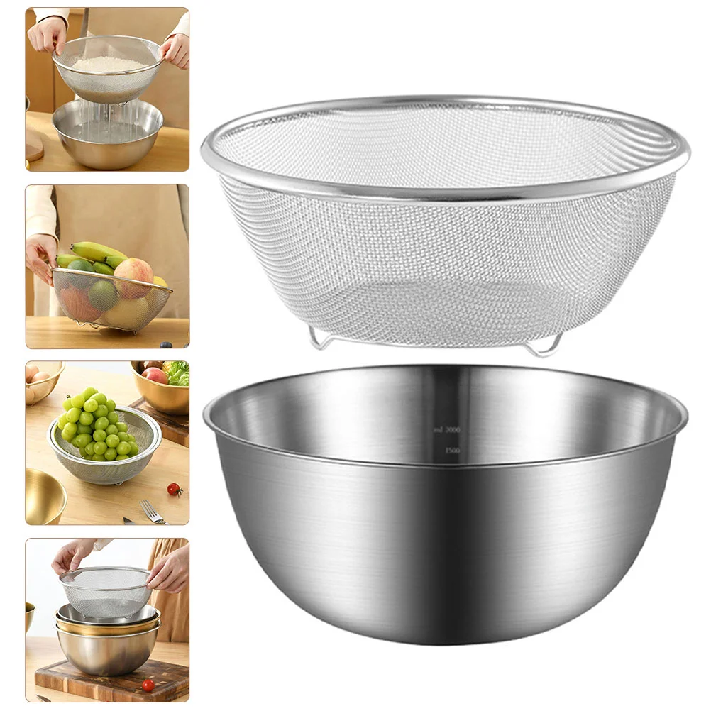 

2pcs/Set Strainer Colander Washing Bowl Basket Vegetable Basin Rice Drain Sifter Mesh Wire Stainless Steel Washer for Kitchen