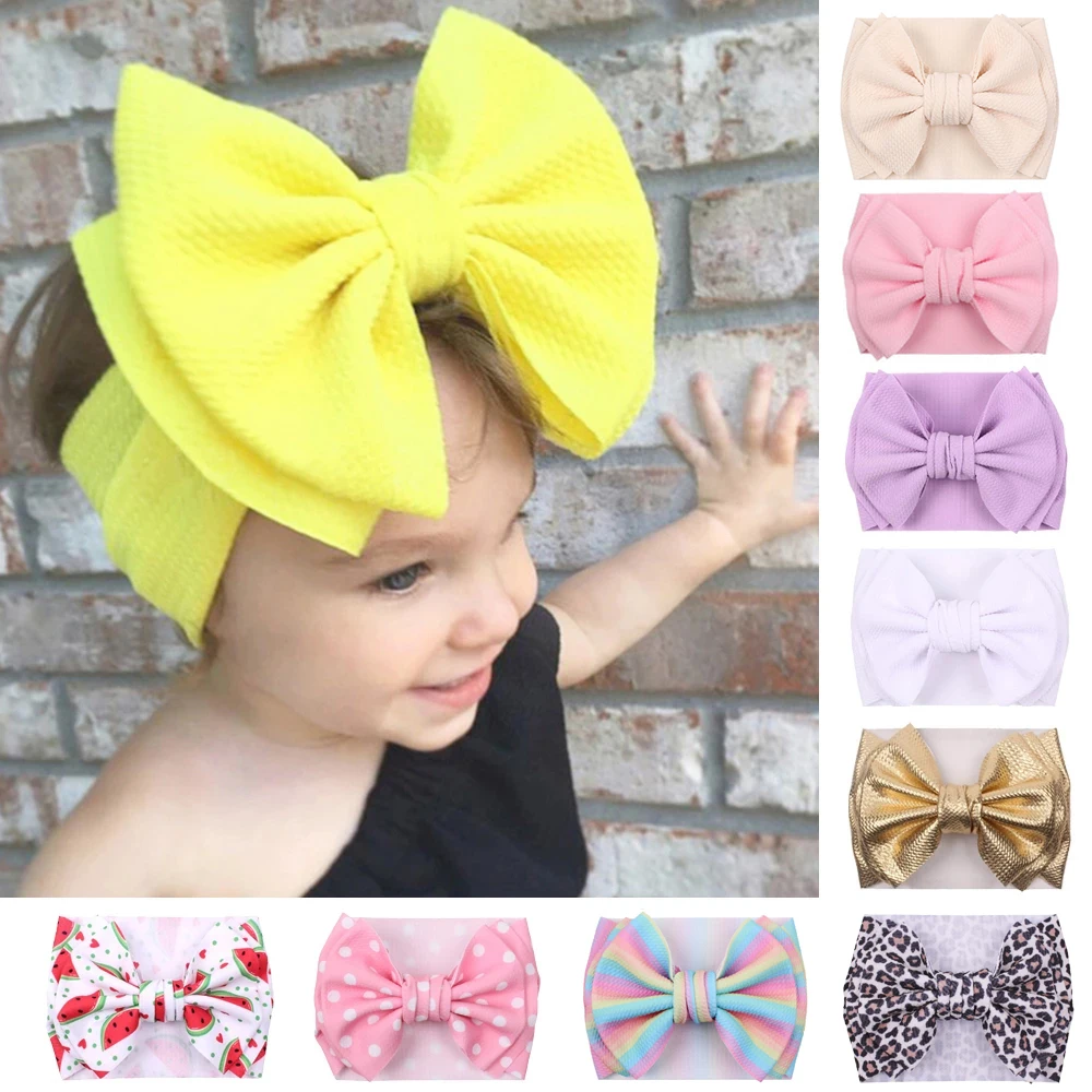 Fashion 7'' Big Hair Bow Girls Headbands Cute Baby Elastic Hair Band For Children Solid Turban Kids Summer Accessories