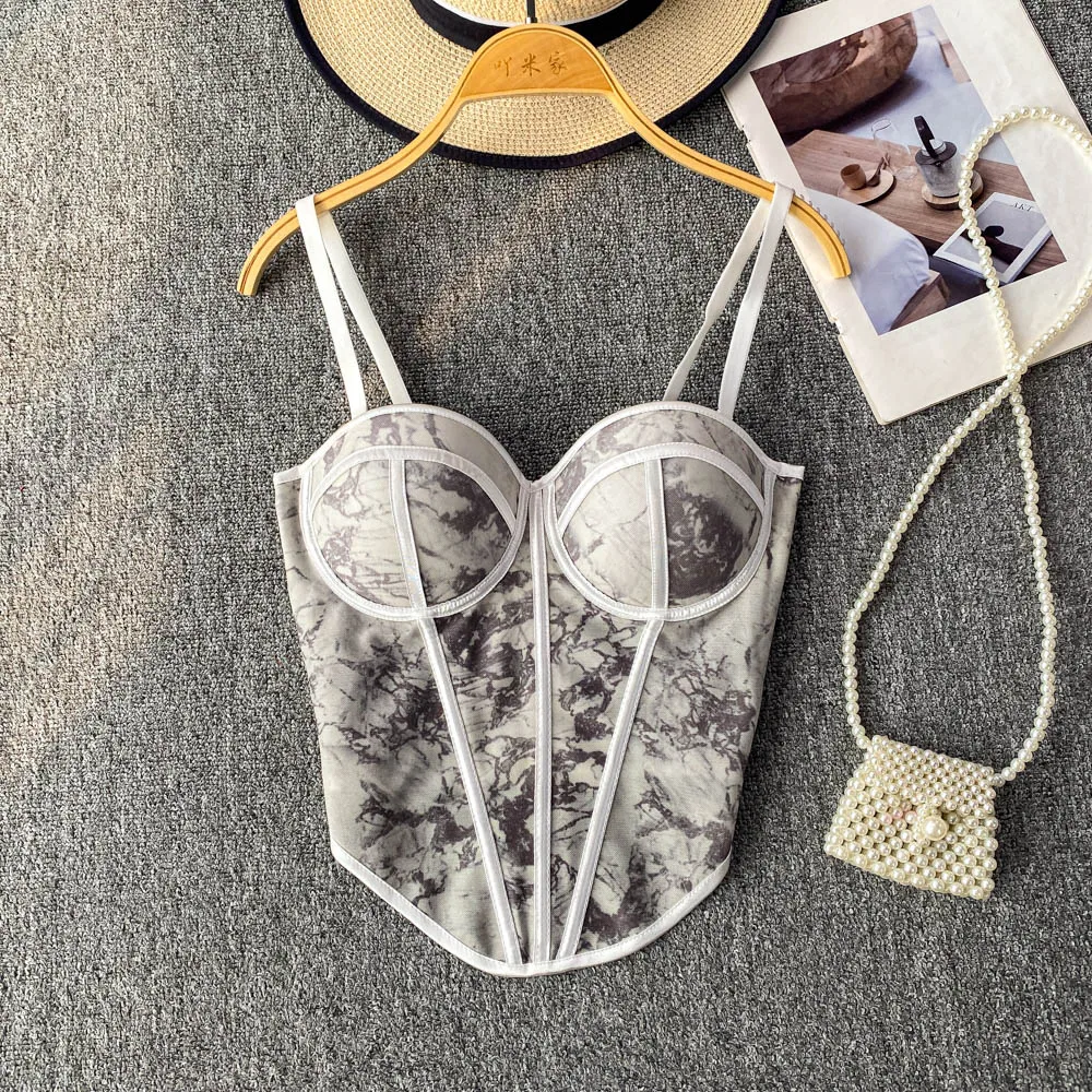 Chic asymmetrical tie dye Slim Vintage Tank Top Korean Fashion Corset Bustier Summer Hotsweet Women Y2k Sling Crop Top