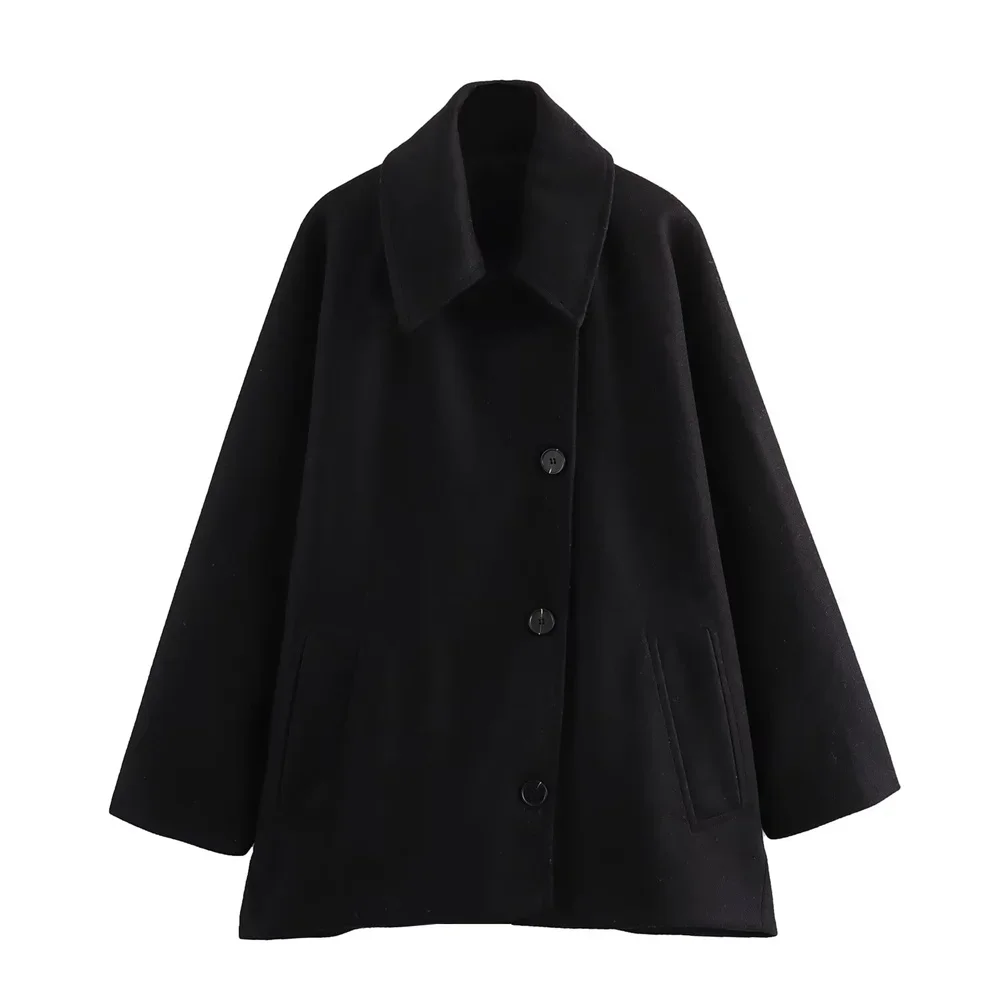 2025-Short Blended Coat for Women, Casual Polo Neck, Personalized Top, Cloak Sleeve, Winter, New 2