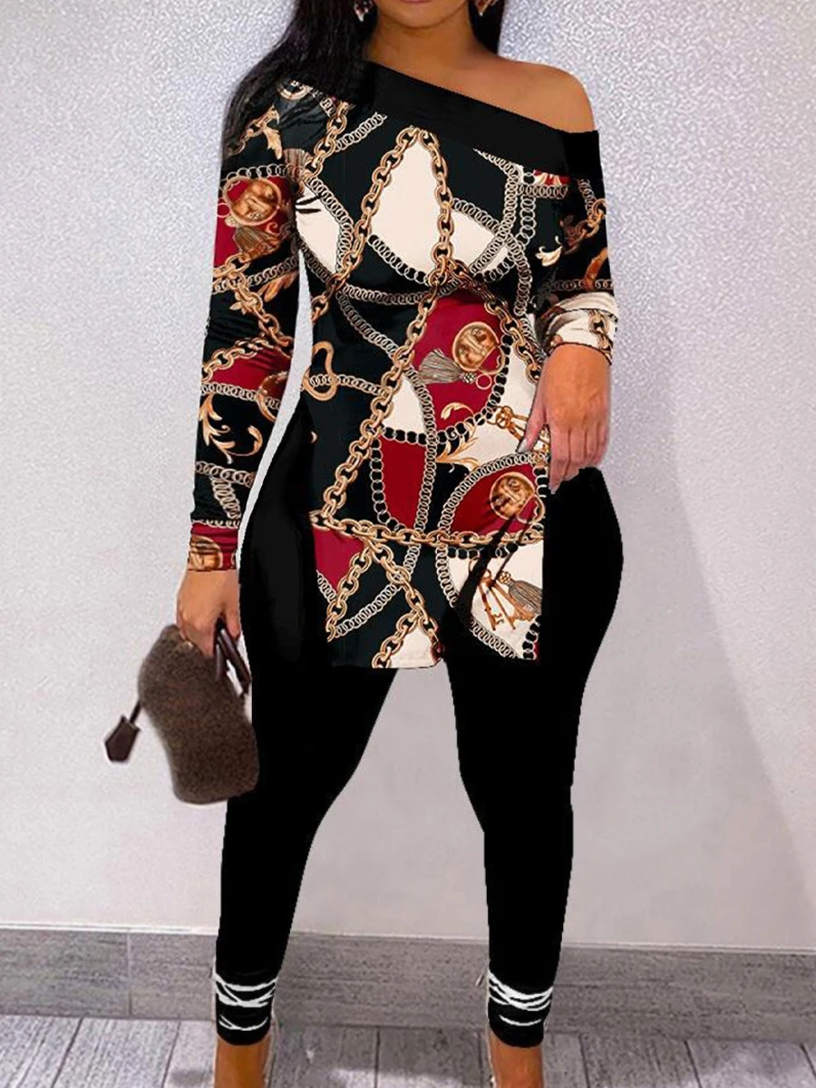 Conjunto de pantalón informal con estampado de cadena y abertura lateral para mujer, talla grande, 2025, cuello barco, manga larga, dos piezas, traje a juego