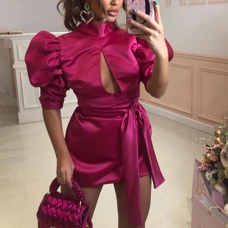 RR Sexy Stand Collar Dresses Women Fashion Hollow Out Tie Belt Dress