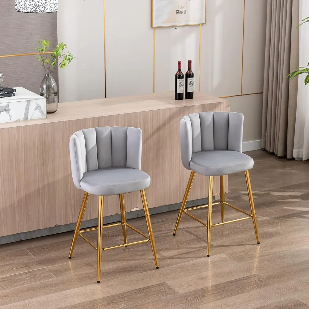 Gold Bar Stools Set of 2 Velvet Counter Height Chairs Back Upholstered Kitchen Stools Modern Barstools