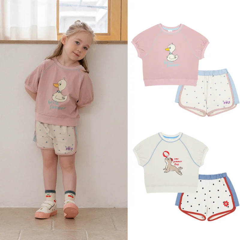 Children's Summer Baby Clothing Girls' Set Boys' Cotton Cartoon Printed Short Sleeve Shirt+Dot Shorts Fashion Set 2023