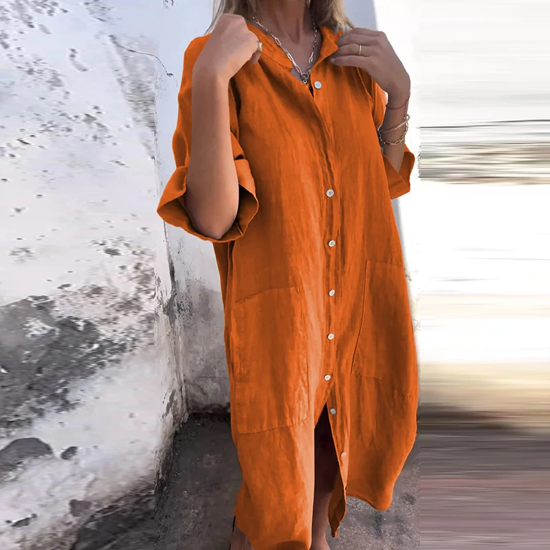 

Women 2024 Casual Short Sleeve Loose Beach Dress Female Simple Butted Party Dress New Elegant V-Neck Cotton Linen Shirt Dress