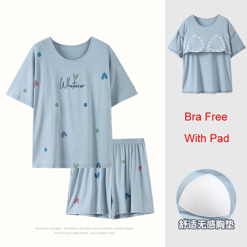 Modal Short-Sleeved Sleepwear Women's Summer Pajamas Set Shorts Suit Large Size Homewear with Bra Pad Pyjama Pour Femme