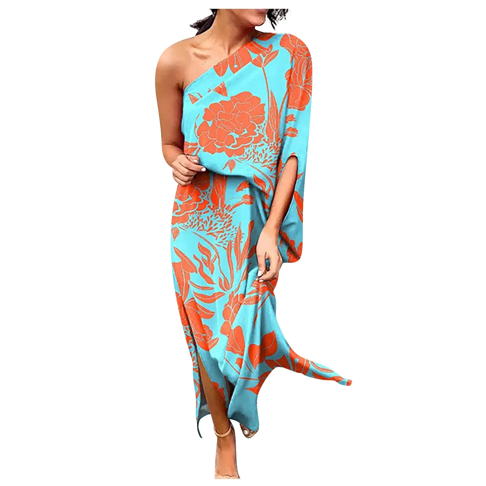 Smudged one-shoulder dress women's summer waist strap design sense