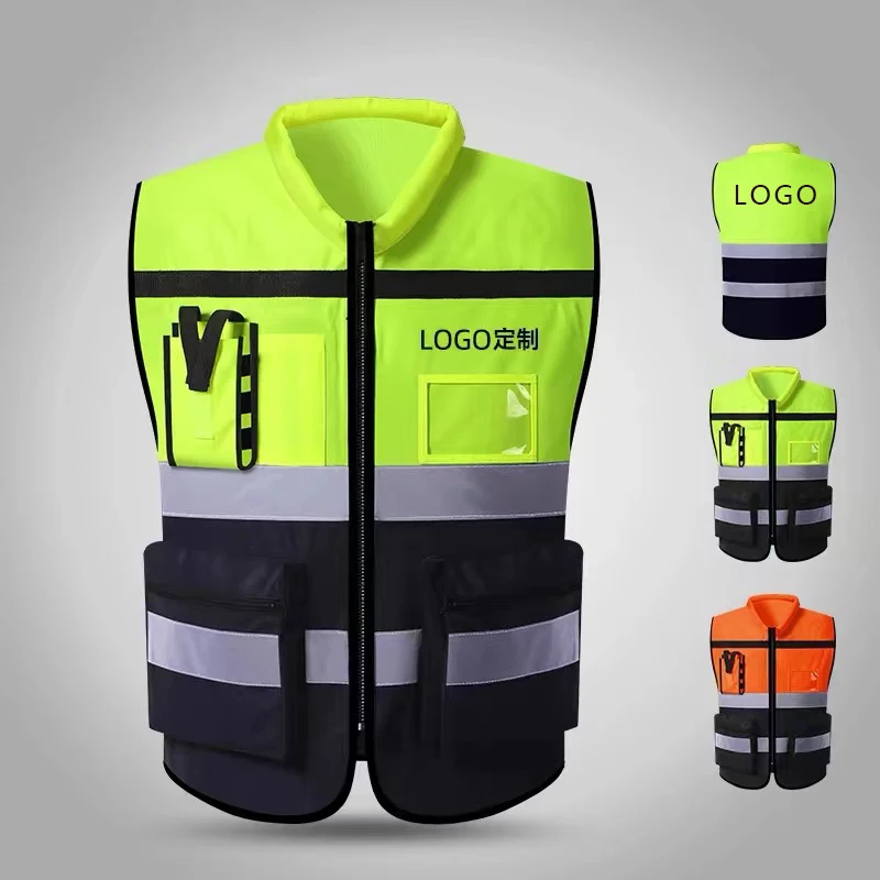 Custom LOGO Safety Vests with Pockets and Zipper Construction Working Clothes High Visibility Security Clothing