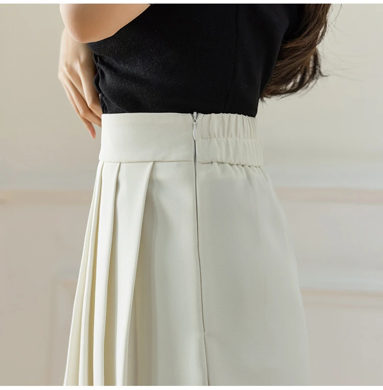 2022 Spring Summer Women's Elegant Pleated Suit Skirts High Waist Fashion Office Ladies Elastic Waist A-line Midi Skirt Vintage brown skirt