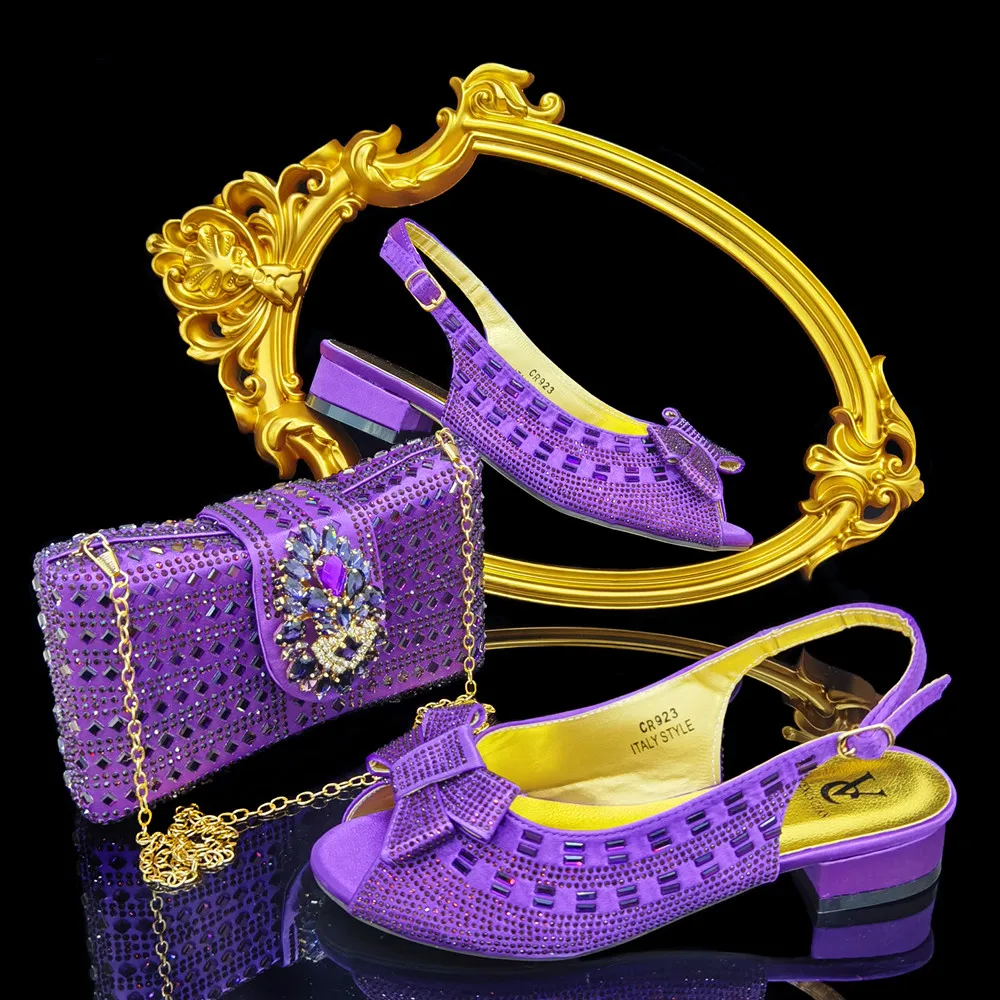 Purple Color African Matching Shoes And Bags Italian In Women Italian Shoes And Bags To Match Shoes With Bags With Rhinestone