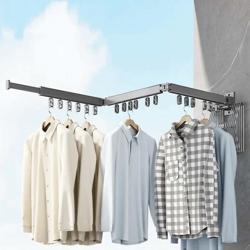 

Perforated folding clothes hanger, balcony, indoor space aluminum invisible telescopic rod, clothes drying wall hanger