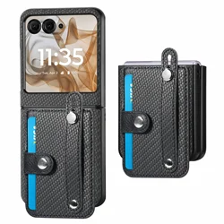 Custodia per telefono in PU leather con motivo in fibra di carbonio, slot per carte multifunzionale e cinturino da polso