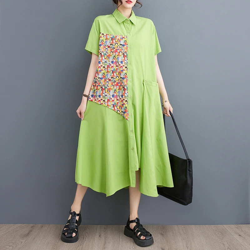 

2023 New Arrival Patchwork Print Floral Chic Girl's Loose Summer Blouse Dress Irregular Street Fashion Women Casual Midi Dress