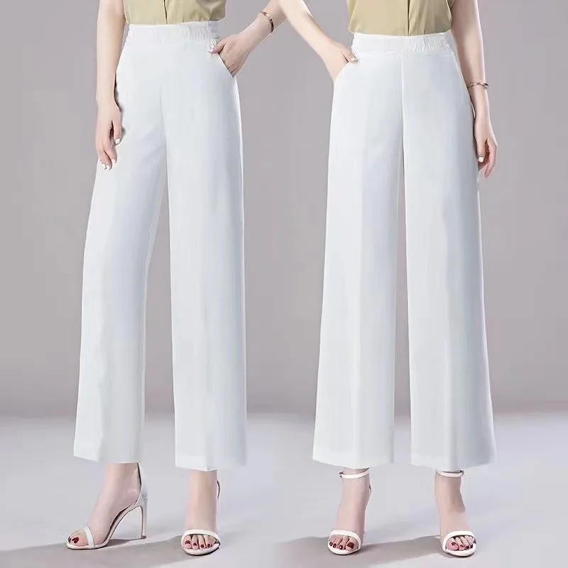 Striped Large Size Women Spring Wide Leg Pants Thin Style High Waist Elastic Force Casual Loose Affordable Comfortable Trousers