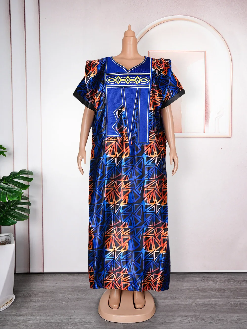 Women African Dresses Embroidery Short Sleeve V Neck Party Dress Print Vestidos Loose Fit Floor Length Spliced Slight Strech
