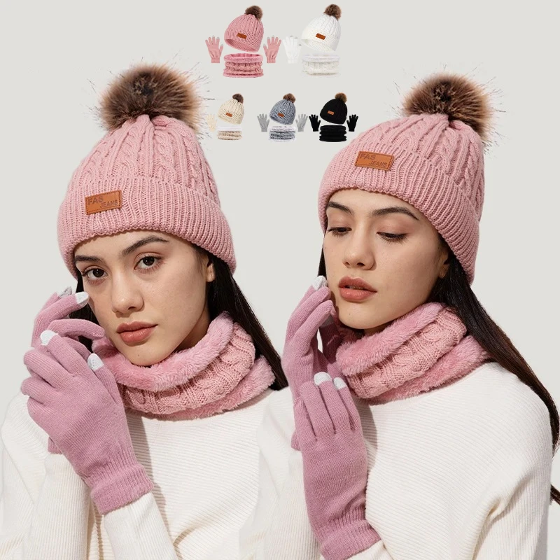 3Pcs/Set Women Winter Hat Scarf Gloves Faux Fur Ball Teenager Girls Knitted Beanie Neck Warmer Suit Warm Ears Woman Cap Set winter accessories winter hat set