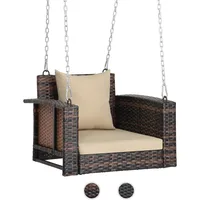 2.2 FT 1-Person Use Rattan Porch Swing Outdoor Support 440 LBS with Cushions & Adjustable Chains, Patio Wicker Swing Bench Chair 1