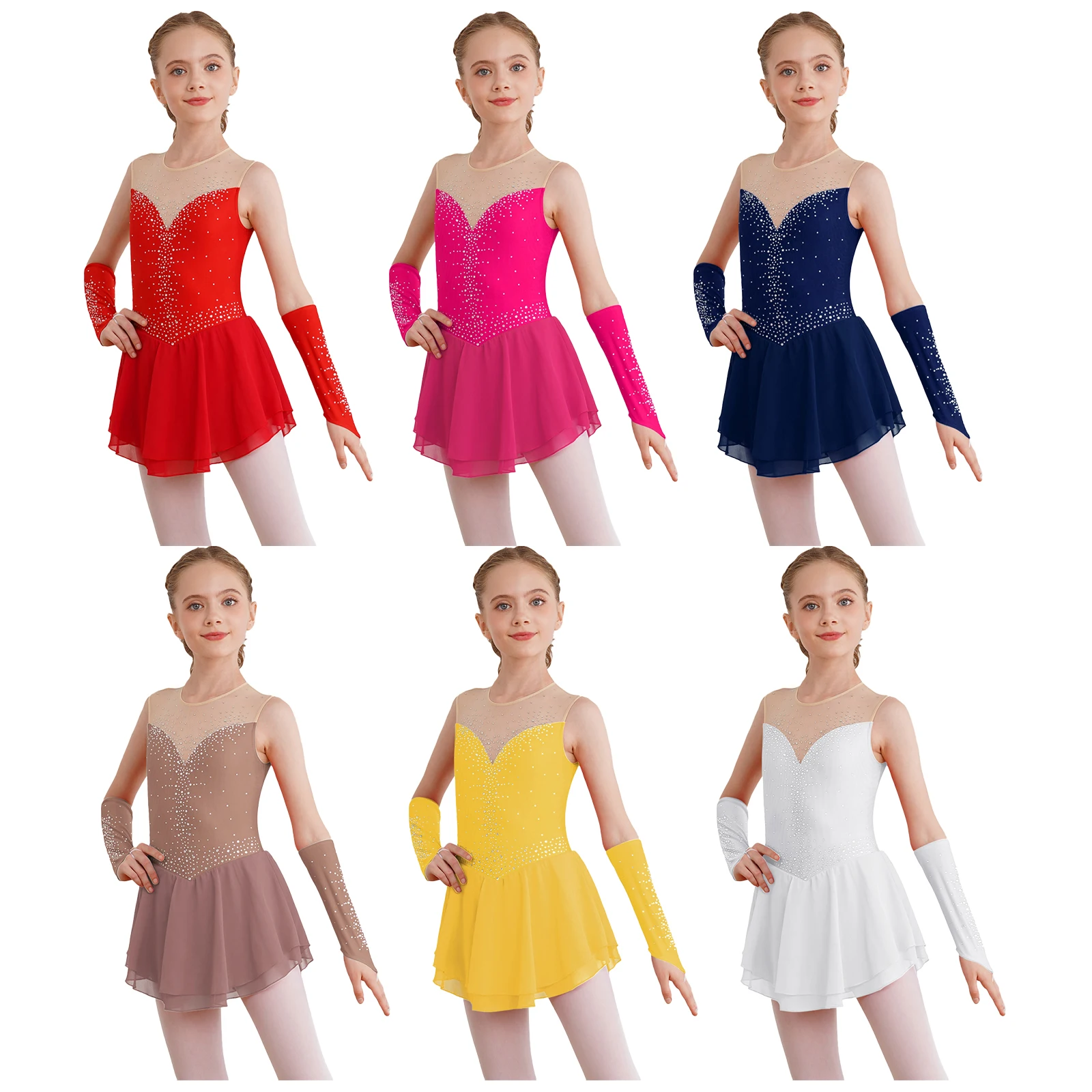 Kids Girls Figure Skating Dress Lyrical Dance Performance Costume Gymnastics Rhinestones Sleeveless Leotard Dress with Gloves