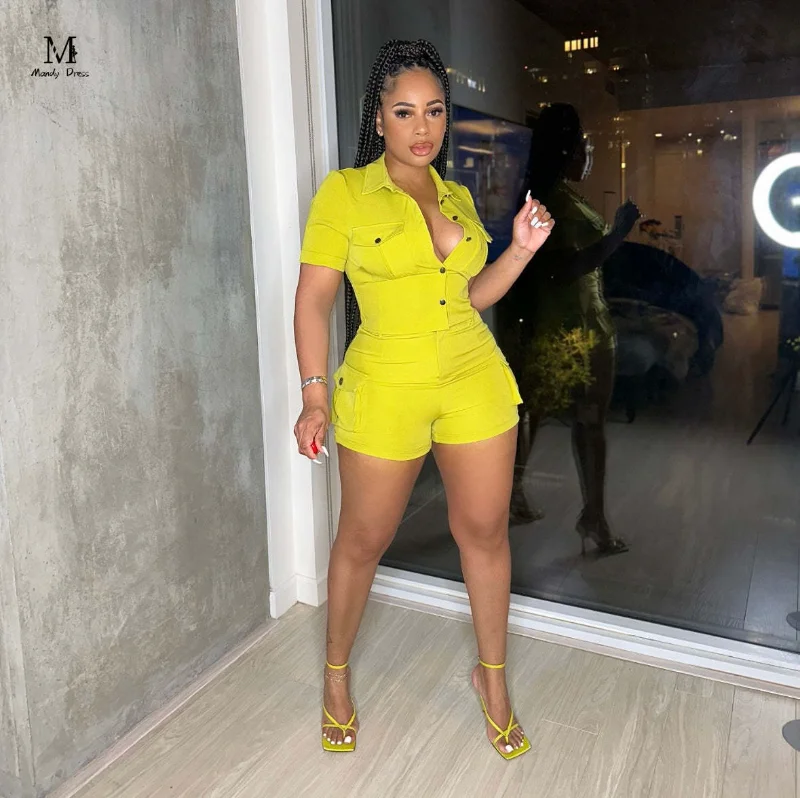 

Summer Women Sexy Set Short Sleeve Shirt and Shorts Outfits Solid Slim Fit Streetwear Casual Hot Sweet 2 Two Piece Suit