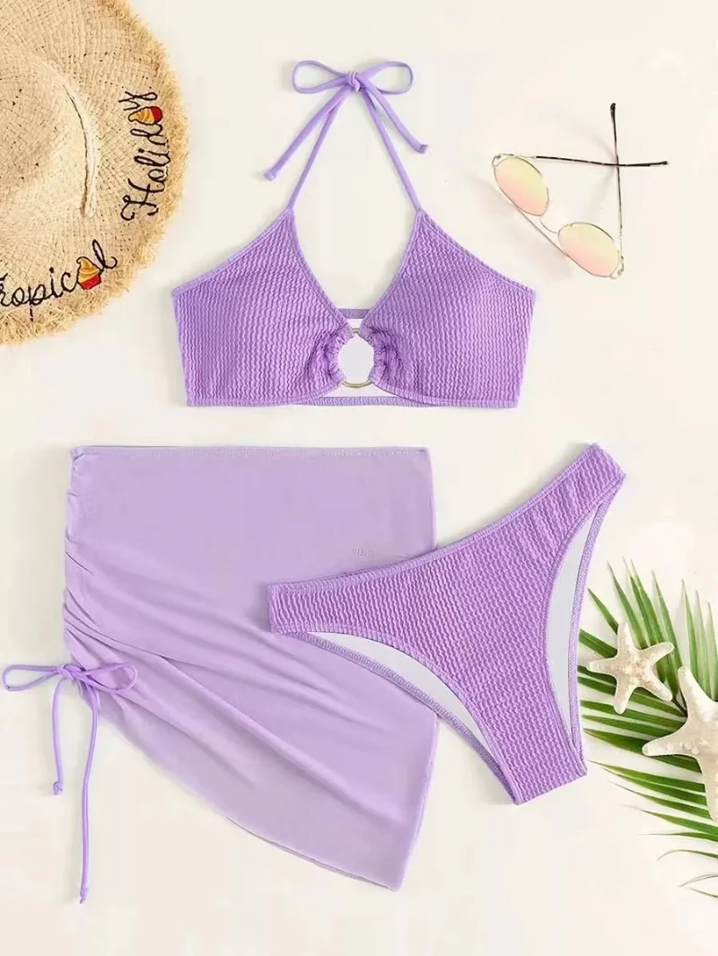 Women's Sexy High Waist Bikini Tights Sit-up Crop Top Swimsuit Three Piece Swimsuit Pleated Women's Beach Swimsuit