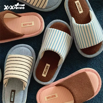XIXITIAO Creative Color-Blocking Striped Couple Cotton Slippers Bedroom Four Seasons Japanese Style Hemp Floor Shoes Men Women 1