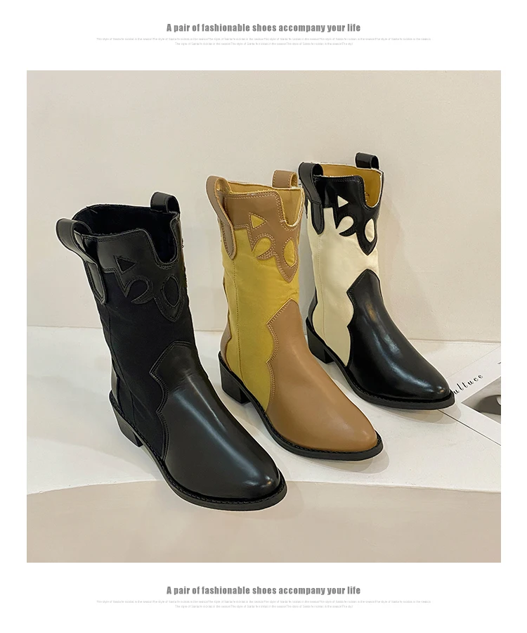 Women shoes Cow Suede Splicing Pointy toe Low heel Boots Winter Classic