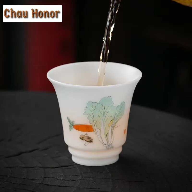 110ml Handmade Iced Jade  White Porcelain Teacup Hand Painted Cabbage Master Cup Ceramic High Smelling Cup Jianzhan Teaware Gift