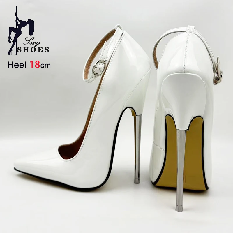 18CM/7'' Ultra high heel Ankle Strap Sexy Ballet Shoes Women Fetish White Pointed SM Game Stylish Stiletto Pumps Large Size 46