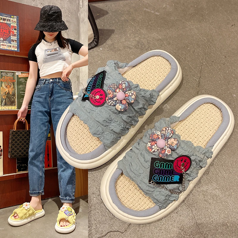 Women Summer Ethnic Leaf Mesh Linen Slippers