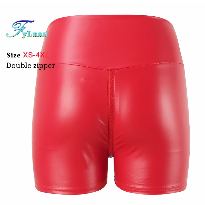 Open Front Double Zipper Women Shorts Butt Lift Slim PU Shorts High Waist Elastic Tights Pants Pole Dance Clubwear Sexy women crotchless shorts