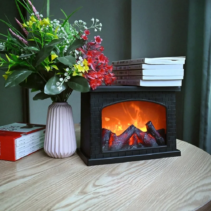 LED Fireplace Lamp Charcoal Flame Lantern Christmas Decoration Night Light for Home Courtyard Bedroom Living Room Tabletop