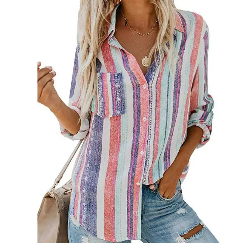 Women's Shirt Pockets Color Striped Shirts 2023 Spring Vintage Long Sleeve Lapel Button Blouses Casual Loose Oversized Shirts