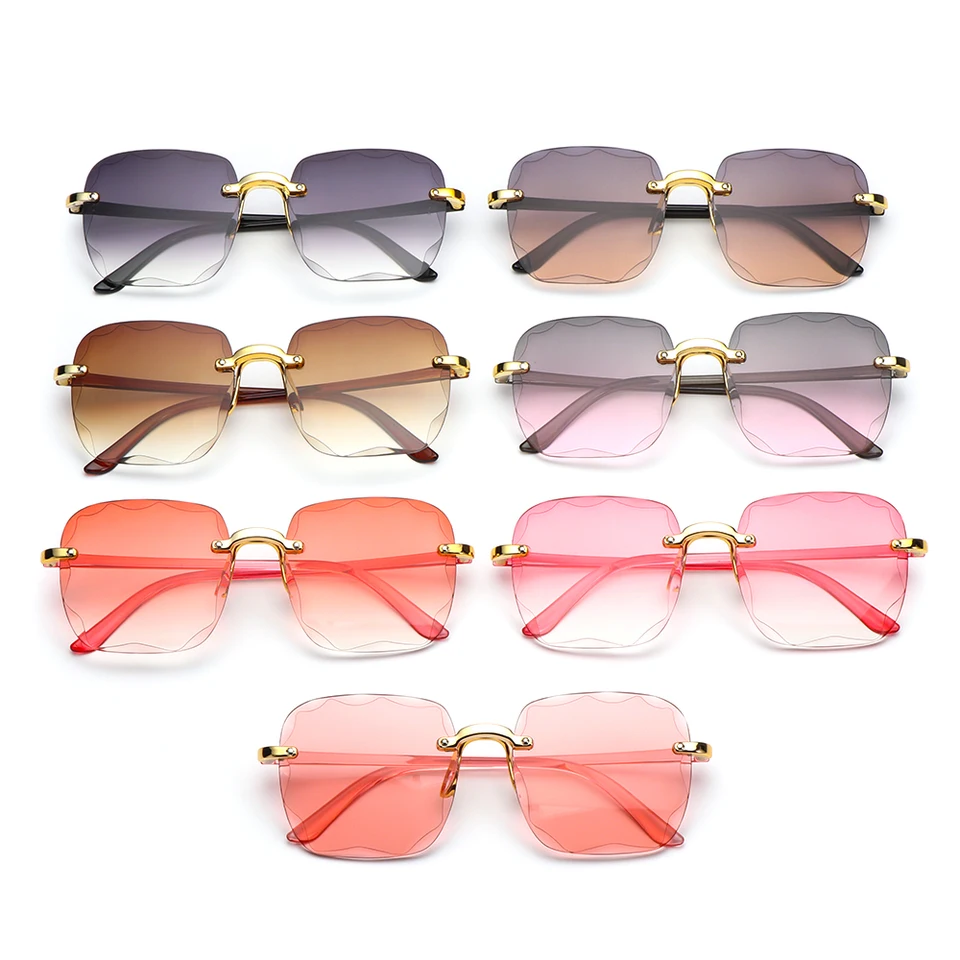Lunettes De Soleil Femme Sans Monture - Verres Carrés Dégradé Rose/marron - Monture Métal Doré - Style élégant Et Léger