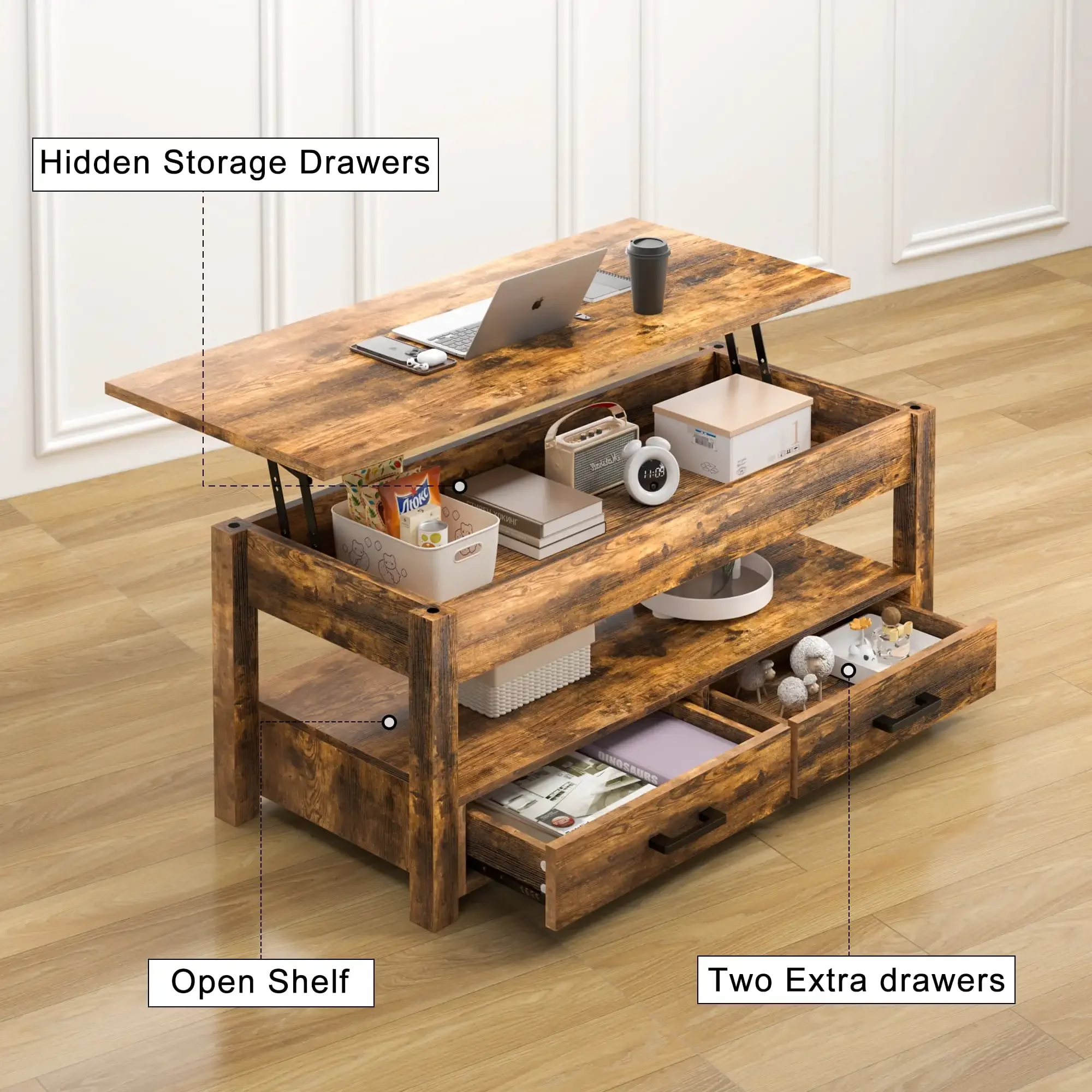 Lift Top Coffee Table with 2 drawers,Wooden Convertible Coffee Table with Storage for Living Room,center Table,Brown,42" 5
