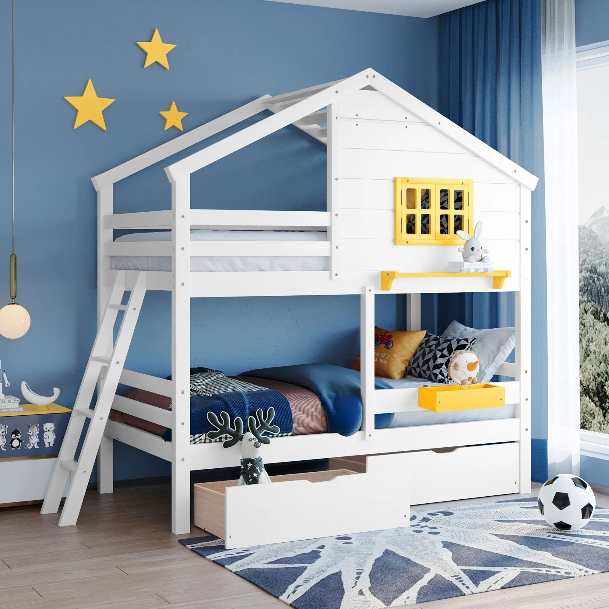 

Twin over Twin Bunk Bed with 2 Drawers, 1 Storage Box, 1 Shelf, Window and Roof-White