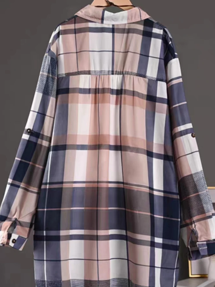 Plus Size Cotton Mid Length Plaid Print Women Autumn Shirts Casual Female Korean Fashion Long Sleeve Single-breasted Blouses Best Sellers In Plus Sized Clothing