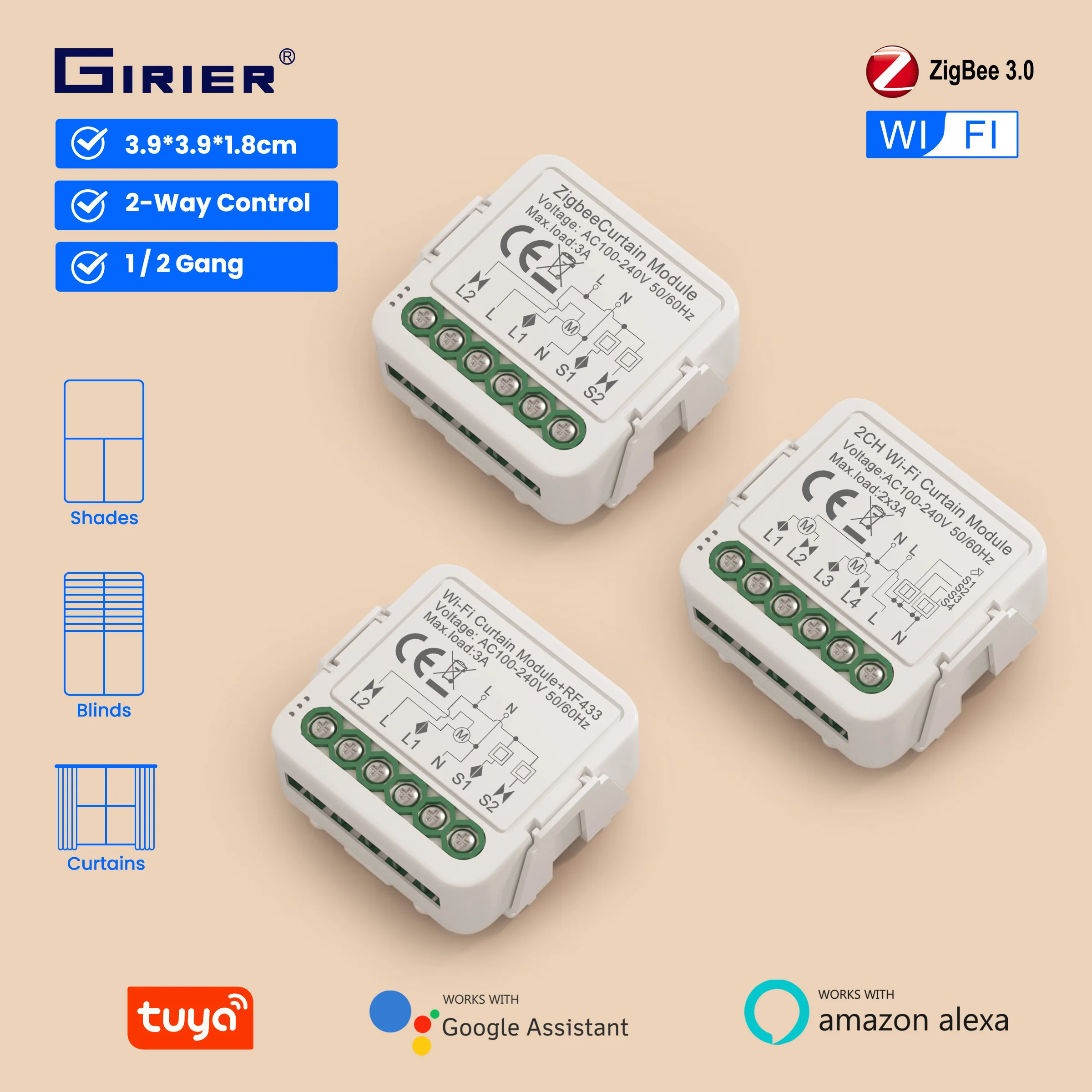 โมดูลสวิตช์ม่าน GIRIER Tuya WiFi RF433 สวิตช์ม่านอัจฉริยะ ZigBee สำหรับม่านม้วน ใช้งานร่วมกับ Alexa และ Hey Google ได้ 1