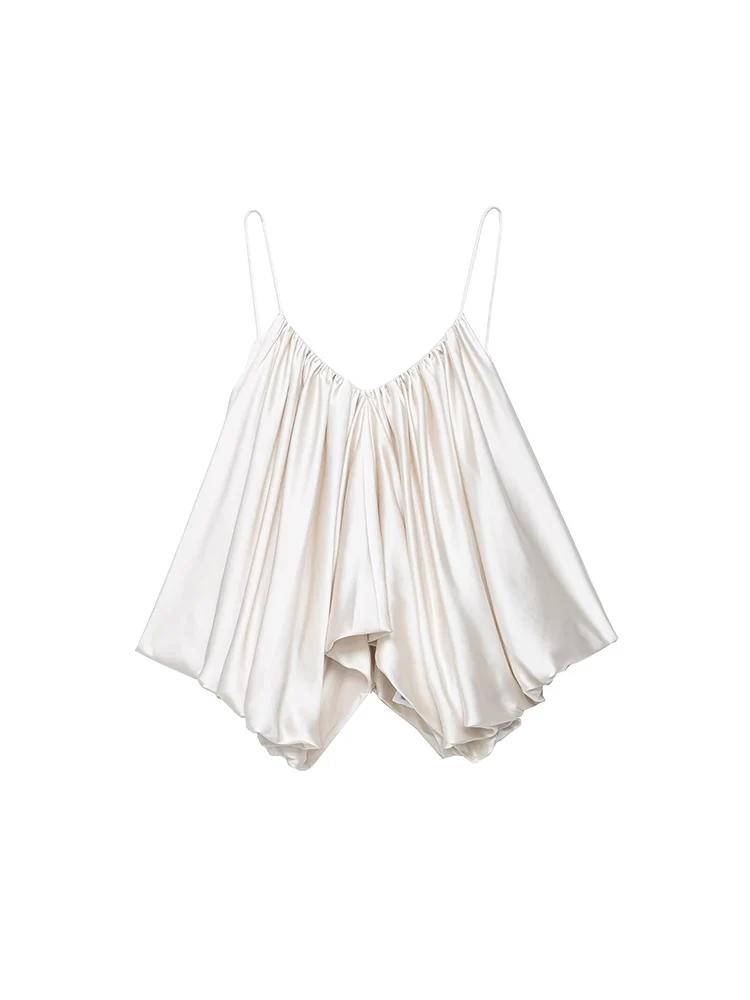 TFMLN 2025 Summer New Women Pleated Design Sling Top Fashion Spicy Style Loose V Neck Thin Strap Short Top Chic Streetwear