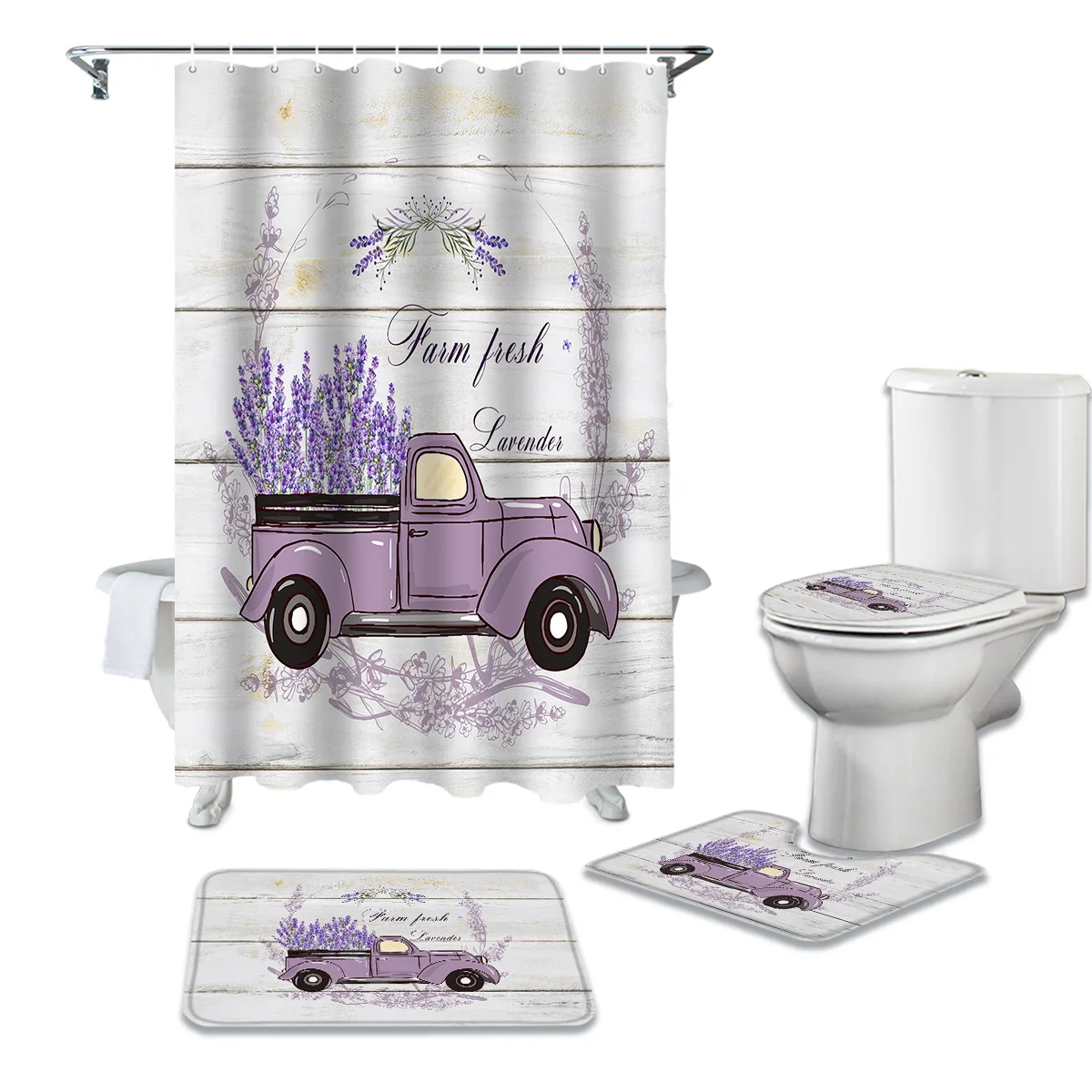 Farm Rural Style Lavender Vintage Truck Shower Curtain Sets Nonslip