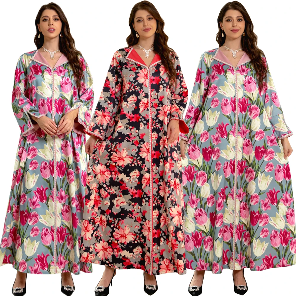 

Women Abaya Muslim Fashion Floral Printing Luxury Diamonds Belted Dress Turn-down Collar Long Dresses Ramadan Jalabiya Moroccan