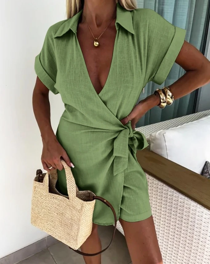 Women's Casual Jumpsuit 2024 Summer Lace Up Details Pleated V-Neck Cross Tie Jumpsuit Shorts Short Sleeved Vacation Jumpsuit