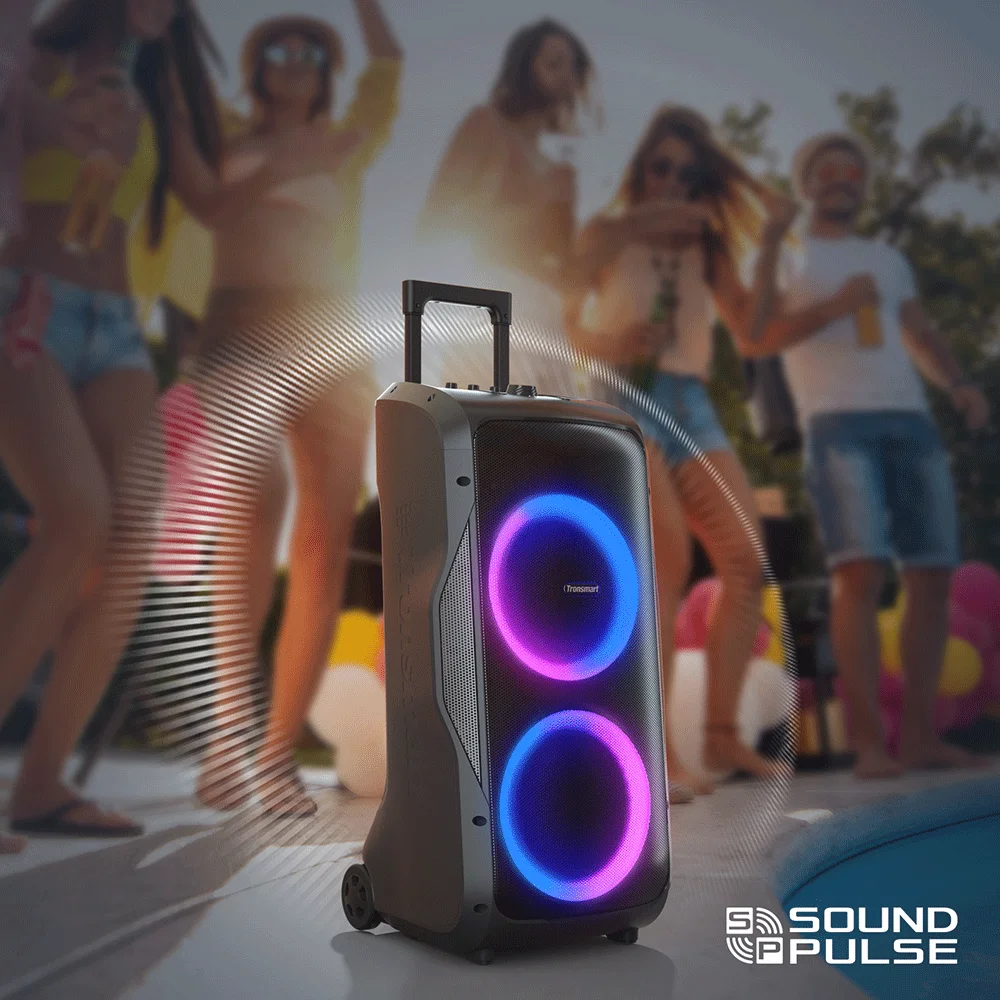 Caixa de Som Bluetooth Tronsmart Sound Party Halo 300 240W com Entrada para Guitarra/Microfone/XLR, TWS, 20 Horas de Reprodução, Rodas e Alavanca Oculta