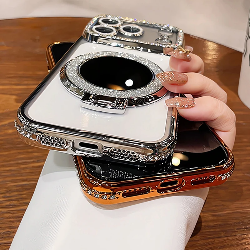 Glitter Mirror Magnetic Stand Holder Phone Case for iPhone 17 16 14 13 12 11 Pro Max Air 15 Plus Make Up Diamond Plating Cover 5