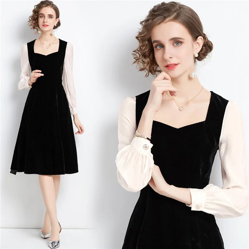 

French Vintage Style Knee Length Velvet Patchwork Autumn Vestidos Trendy All Match Small Hepburn Young Lady Leisure Sweet Dress